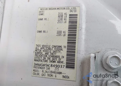 2010 Nissan Maxima 3.5 Sv z USA, uszkodzony, nr VIN 1N4AA5AP3AC849037